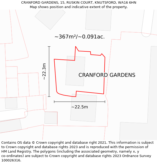 CRANFORD GARDENS, 15, RUSKIN COURT, KNUTSFORD, WA16 6HN: Plot and title map