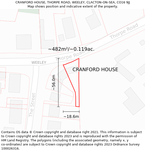 CRANFORD HOUSE, THORPE ROAD, WEELEY, CLACTON-ON-SEA, CO16 9JJ: Plot and title map