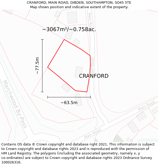 CRANFORD, MAIN ROAD, DIBDEN, SOUTHAMPTON, SO45 5TE: Plot and title map