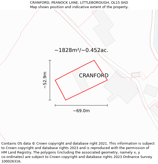 CRANFORD, PEANOCK LANE, LITTLEBOROUGH, OL15 0AD: Plot and title map