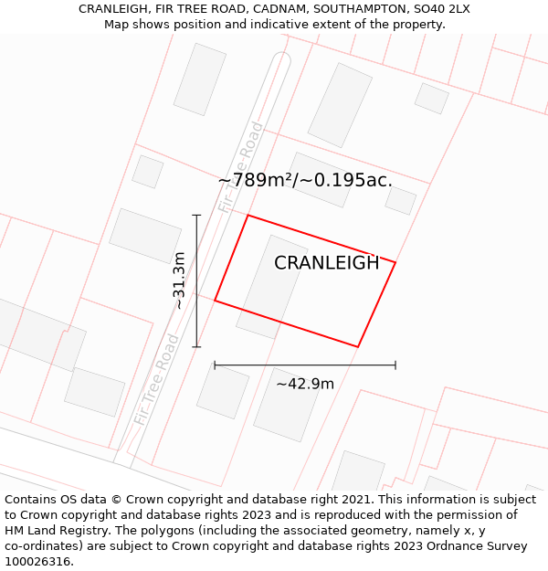 CRANLEIGH, FIR TREE ROAD, CADNAM, SOUTHAMPTON, SO40 2LX: Plot and title map