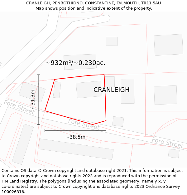 CRANLEIGH, PENBOTHIDNO, CONSTANTINE, FALMOUTH, TR11 5AU: Plot and title map