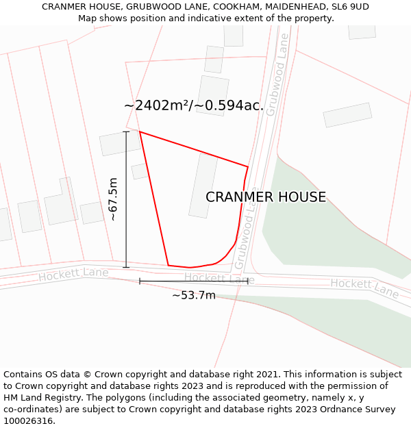 CRANMER HOUSE, GRUBWOOD LANE, COOKHAM, MAIDENHEAD, SL6 9UD: Plot and title map