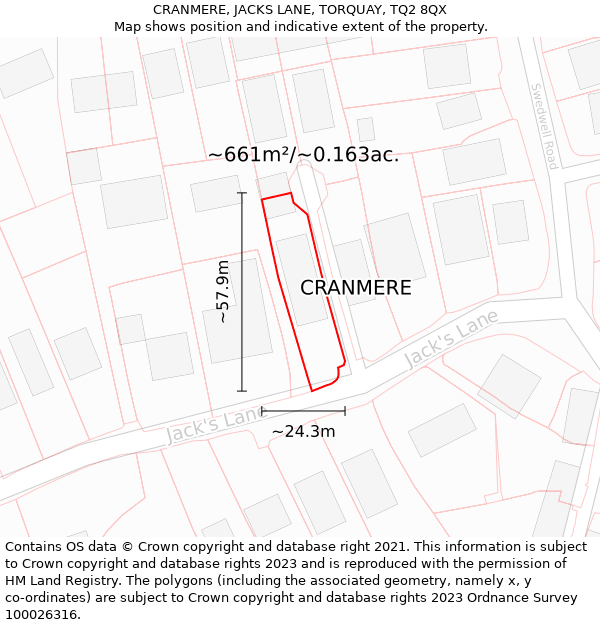 CRANMERE, JACKS LANE, TORQUAY, TQ2 8QX: Plot and title map