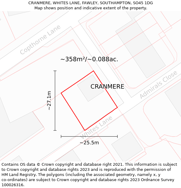 CRANMERE, WHITES LANE, FAWLEY, SOUTHAMPTON, SO45 1DG: Plot and title map