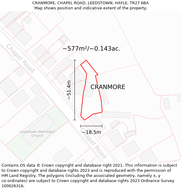 CRANMORE, CHAPEL ROAD, LEEDSTOWN, HAYLE, TR27 6BA: Plot and title map