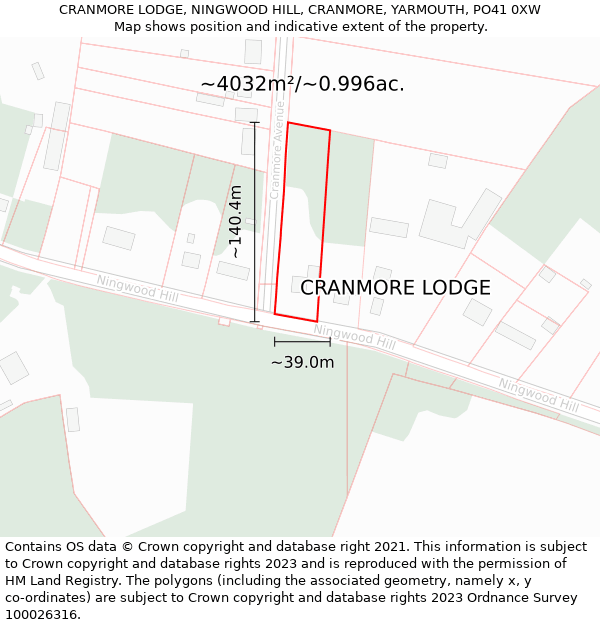 CRANMORE LODGE, NINGWOOD HILL, CRANMORE, YARMOUTH, PO41 0XW: Plot and title map