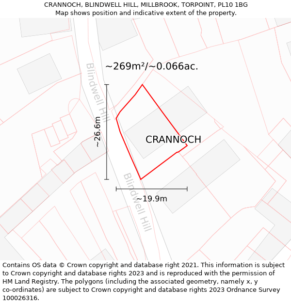 CRANNOCH, BLINDWELL HILL, MILLBROOK, TORPOINT, PL10 1BG: Plot and title map