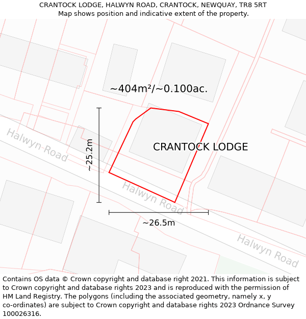 CRANTOCK LODGE, HALWYN ROAD, CRANTOCK, NEWQUAY, TR8 5RT: Plot and title map