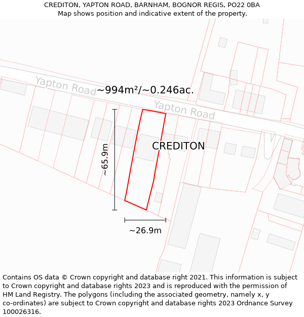 CREDITON, YAPTON ROAD, BARNHAM, BOGNOR REGIS, PO22 0BA: Plot and title map