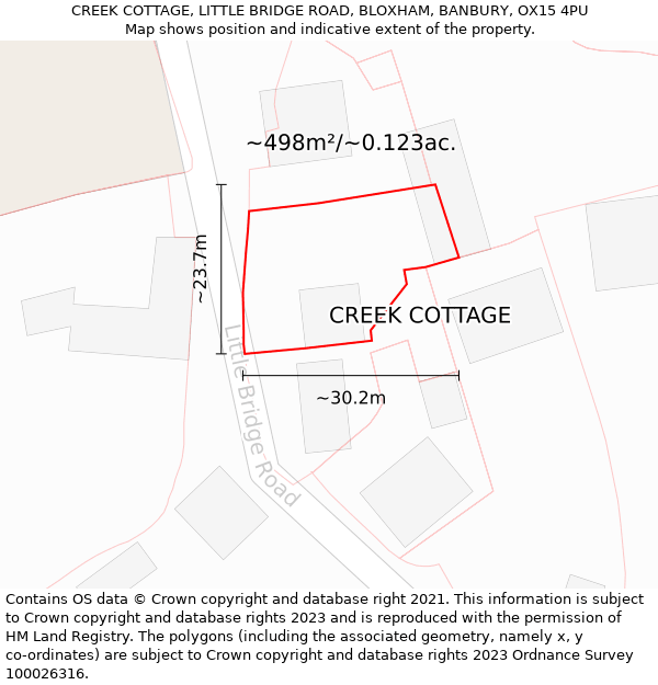 CREEK COTTAGE, LITTLE BRIDGE ROAD, BLOXHAM, BANBURY, OX15 4PU: Plot and title map