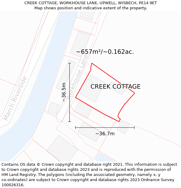 CREEK COTTAGE, WORKHOUSE LANE, UPWELL, WISBECH, PE14 9ET: Plot and title map