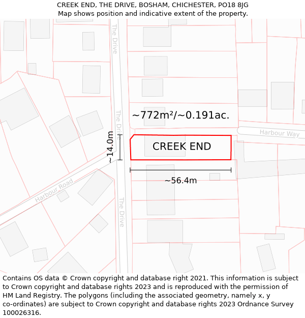 CREEK END, THE DRIVE, BOSHAM, CHICHESTER, PO18 8JG: Plot and title map