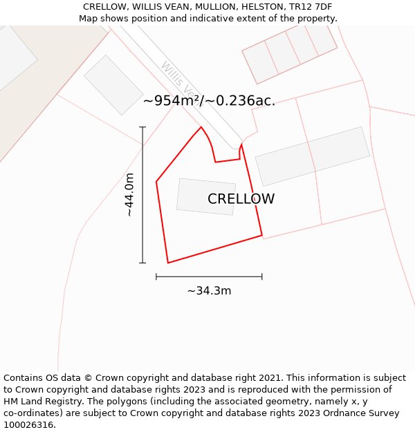 CRELLOW, WILLIS VEAN, MULLION, HELSTON, TR12 7DF: Plot and title map
