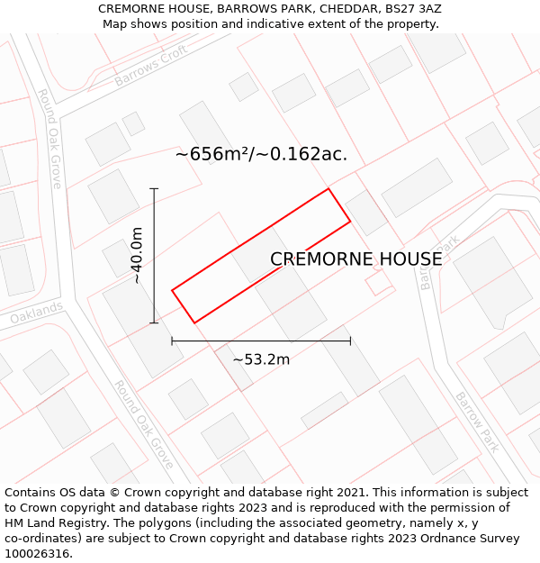 CREMORNE HOUSE, BARROWS PARK, CHEDDAR, BS27 3AZ: Plot and title map