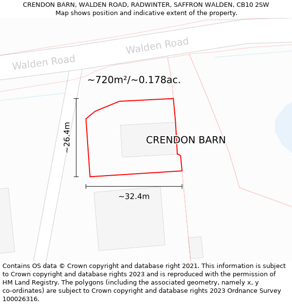 CRENDON BARN, WALDEN ROAD, RADWINTER, SAFFRON WALDEN, CB10 2SW: Plot and title map