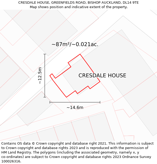 CRESDALE HOUSE, GREENFIELDS ROAD, BISHOP AUCKLAND, DL14 9TE: Plot and title map
