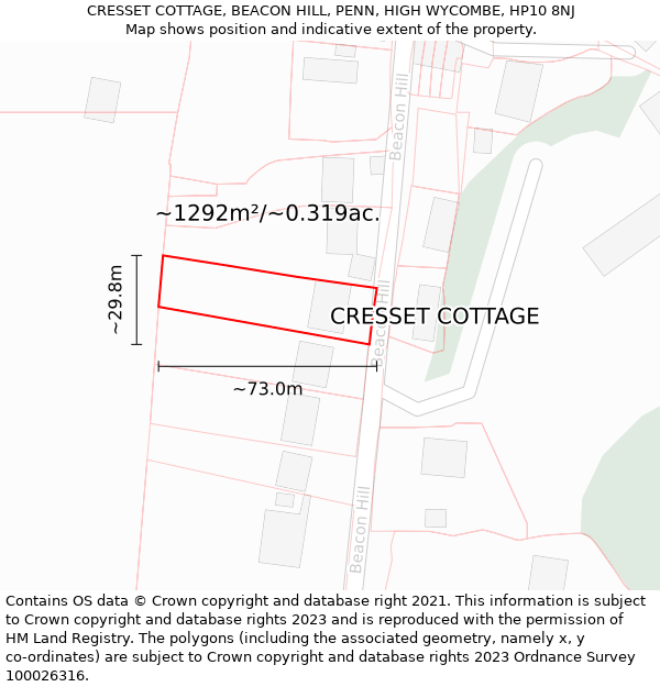 CRESSET COTTAGE, BEACON HILL, PENN, HIGH WYCOMBE, HP10 8NJ: Plot and title map