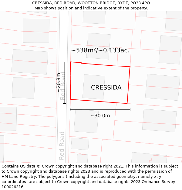 CRESSIDA, RED ROAD, WOOTTON BRIDGE, RYDE, PO33 4PQ: Plot and title map