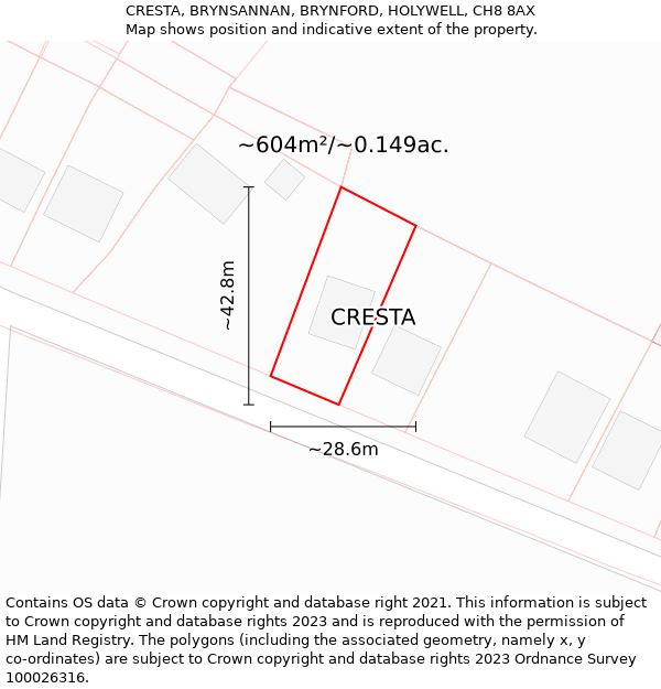 CRESTA, BRYNSANNAN, BRYNFORD, HOLYWELL, CH8 8AX: Plot and title map