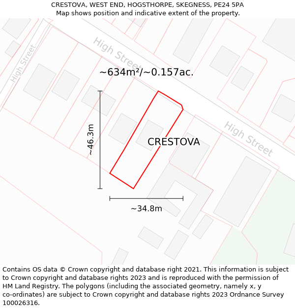 CRESTOVA, WEST END, HOGSTHORPE, SKEGNESS, PE24 5PA: Plot and title map