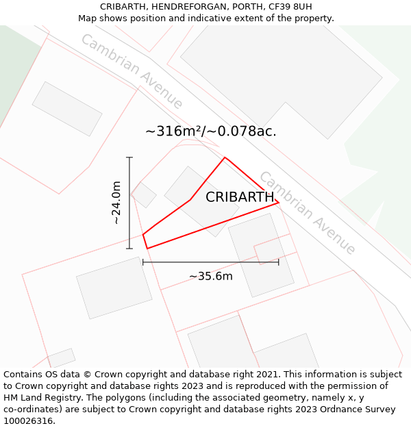 CRIBARTH, HENDREFORGAN, PORTH, CF39 8UH: Plot and title map