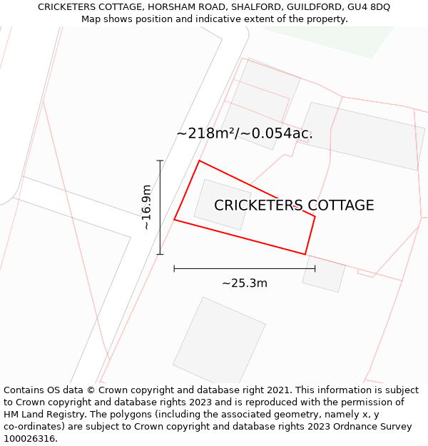 CRICKETERS COTTAGE, HORSHAM ROAD, SHALFORD, GUILDFORD, GU4 8DQ: Plot and title map