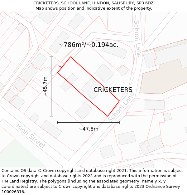 CRICKETERS, SCHOOL LANE, HINDON, SALISBURY, SP3 6DZ: Plot and title map