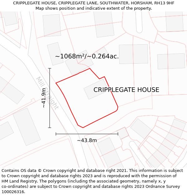 CRIPPLEGATE HOUSE, CRIPPLEGATE LANE, SOUTHWATER, HORSHAM, RH13 9HF: Plot and title map