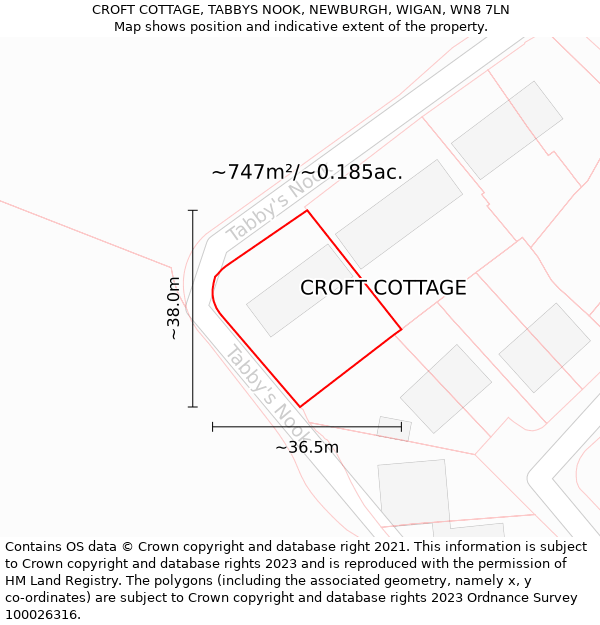 CROFT COTTAGE, TABBYS NOOK, NEWBURGH, WIGAN, WN8 7LN: Plot and title map