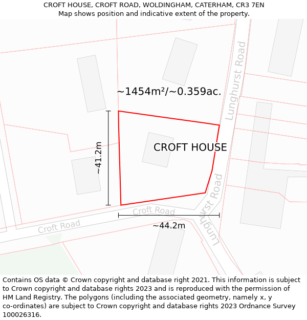 CROFT HOUSE, CROFT ROAD, WOLDINGHAM, CATERHAM, CR3 7EN: Plot and title map