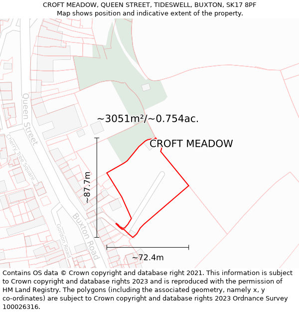 CROFT MEADOW, QUEEN STREET, TIDESWELL, BUXTON, SK17 8PF: Plot and title map