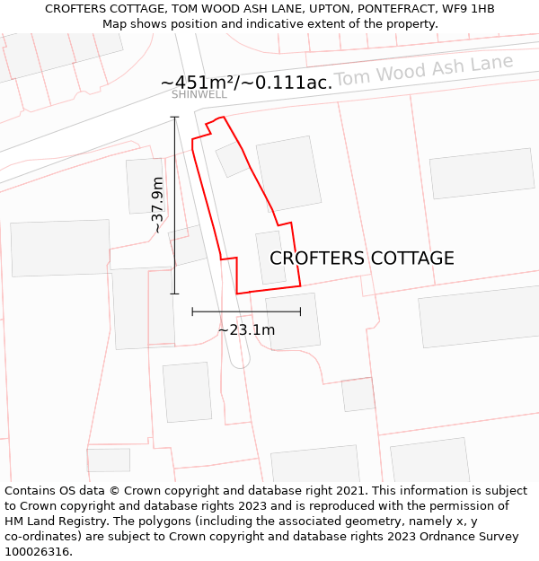 CROFTERS COTTAGE, TOM WOOD ASH LANE, UPTON, PONTEFRACT, WF9 1HB: Plot and title map