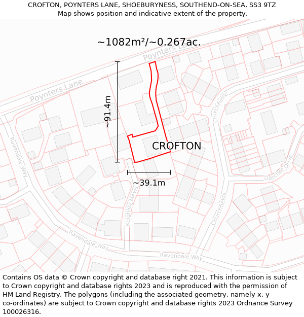 CROFTON, POYNTERS LANE, SHOEBURYNESS, SOUTHEND-ON-SEA, SS3 9TZ: Plot and title map