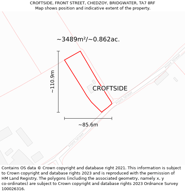 CROFTSIDE, FRONT STREET, CHEDZOY, BRIDGWATER, TA7 8RF: Plot and title map