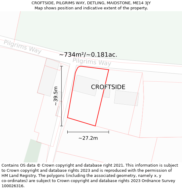 CROFTSIDE, PILGRIMS WAY, DETLING, MAIDSTONE, ME14 3JY: Plot and title map