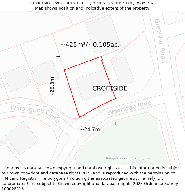 CROFTSIDE, WOLFRIDGE RIDE, ALVESTON, BRISTOL, BS35 3RA: Plot and title map