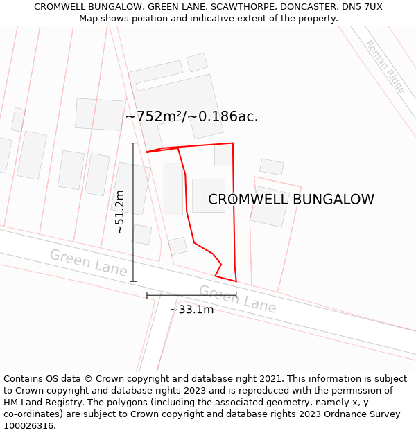 CROMWELL BUNGALOW, GREEN LANE, SCAWTHORPE, DONCASTER, DN5 7UX: Plot and title map