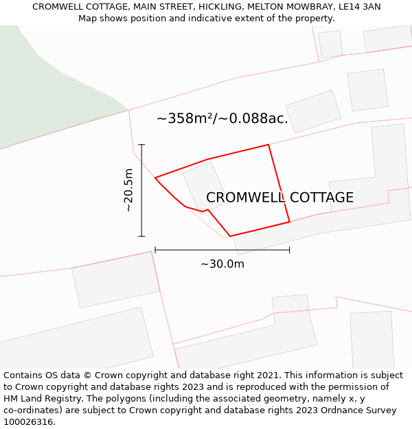 CROMWELL COTTAGE, MAIN STREET, HICKLING, MELTON MOWBRAY, LE14 3AN: Plot and title map
