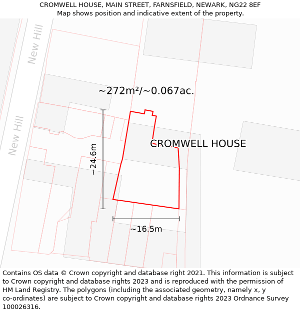 CROMWELL HOUSE, MAIN STREET, FARNSFIELD, NEWARK, NG22 8EF: Plot and title map