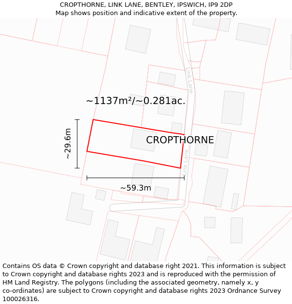 CROPTHORNE, LINK LANE, BENTLEY, IPSWICH, IP9 2DP: Plot and title map