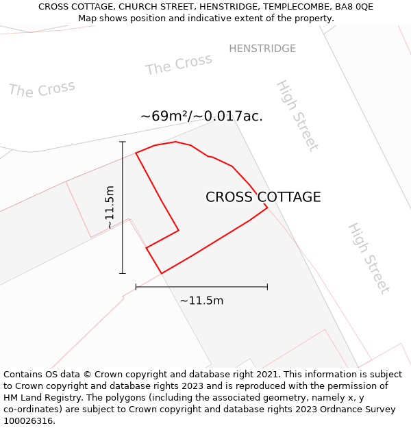 CROSS COTTAGE, CHURCH STREET, HENSTRIDGE, TEMPLECOMBE, BA8 0QE: Plot and title map