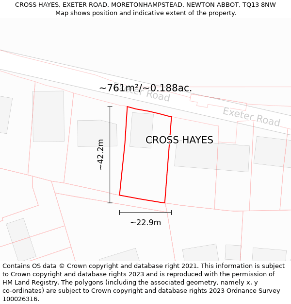 CROSS HAYES, EXETER ROAD, MORETONHAMPSTEAD, NEWTON ABBOT, TQ13 8NW: Plot and title map