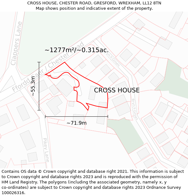 CROSS HOUSE, CHESTER ROAD, GRESFORD, WREXHAM, LL12 8TN: Plot and title map