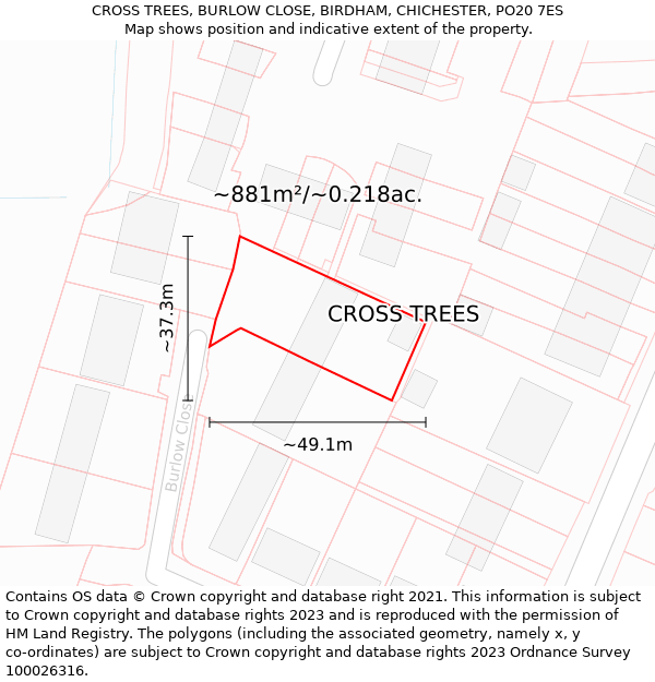 CROSS TREES, BURLOW CLOSE, BIRDHAM, CHICHESTER, PO20 7ES: Plot and title map