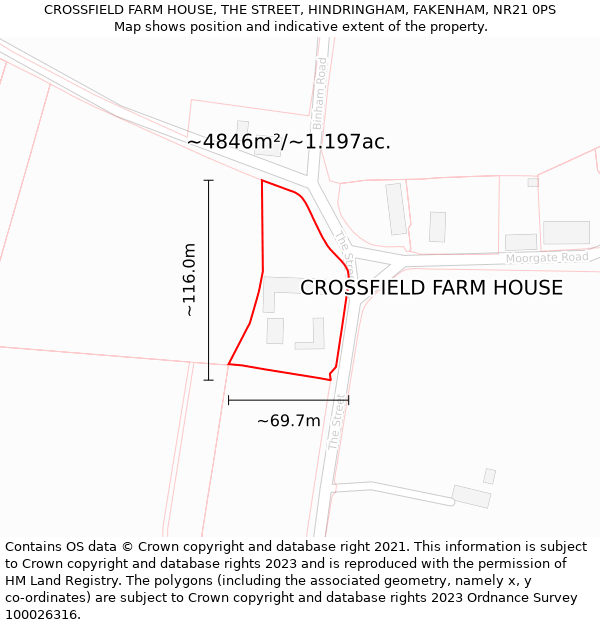 CROSSFIELD FARM HOUSE, THE STREET, HINDRINGHAM, FAKENHAM, NR21 0PS: Plot and title map