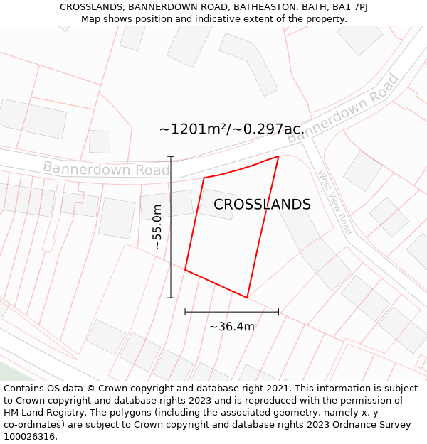 CROSSLANDS, BANNERDOWN ROAD, BATHEASTON, BATH, BA1 7PJ: Plot and title map