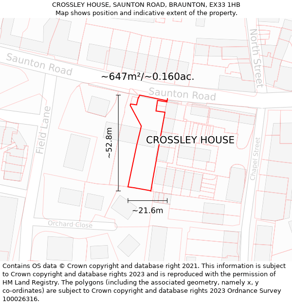 CROSSLEY HOUSE, SAUNTON ROAD, BRAUNTON, EX33 1HB: Plot and title map