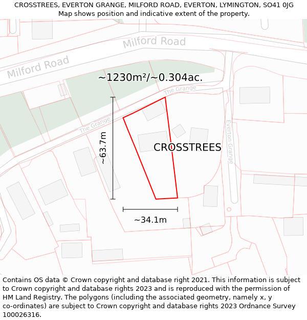 CROSSTREES, EVERTON GRANGE, MILFORD ROAD, EVERTON, LYMINGTON, SO41 0JG: Plot and title map