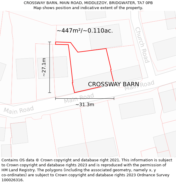 CROSSWAY BARN, MAIN ROAD, MIDDLEZOY, BRIDGWATER, TA7 0PB: Plot and title map